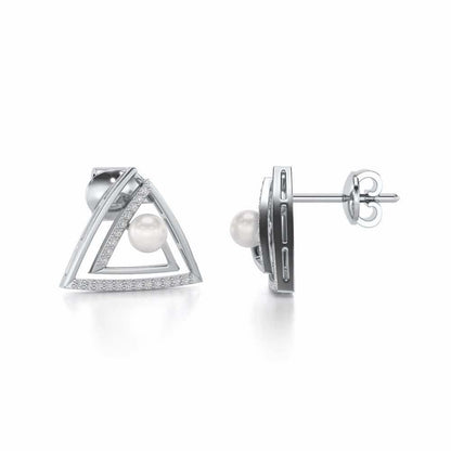 Trigoned Silver Pearl Earrings - White Gold - Image 4