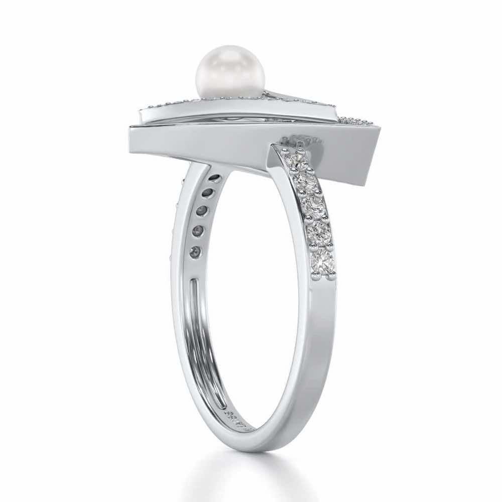 Trigoned Silver Pearl Ring - White Gold - Image 3
