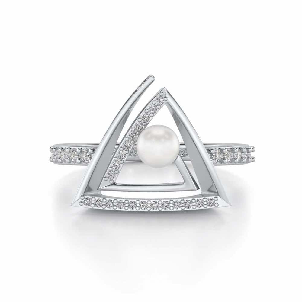 Trigoned Silver Pearl Ring - White Gold - Image 4