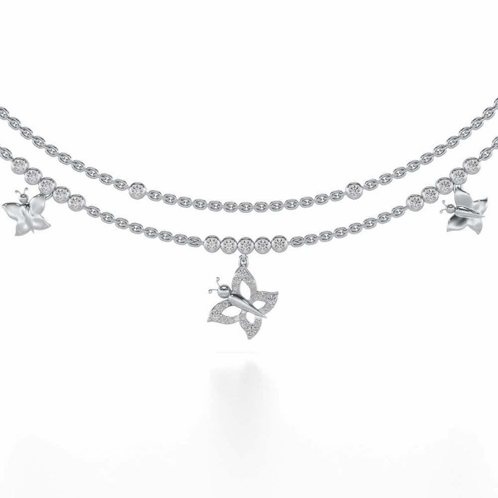 Twin Butterfly Silver Necklace - White Gold - Image 1
