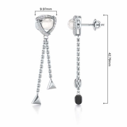 Pearl Eye Silver Dangler Earrings - White Gold - Image 4