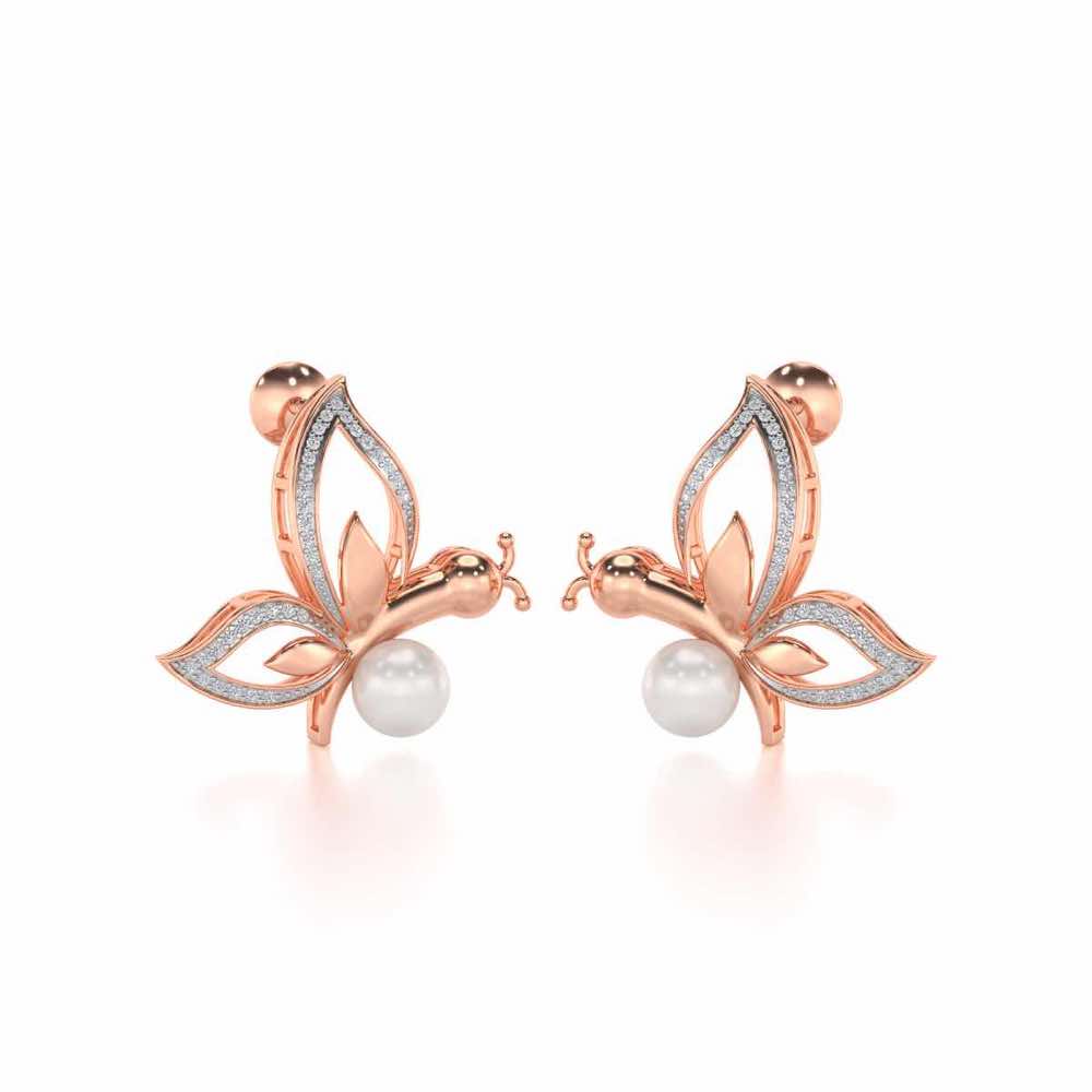 Winged Silver Pearl Earrings - Rose Gold - Image 1