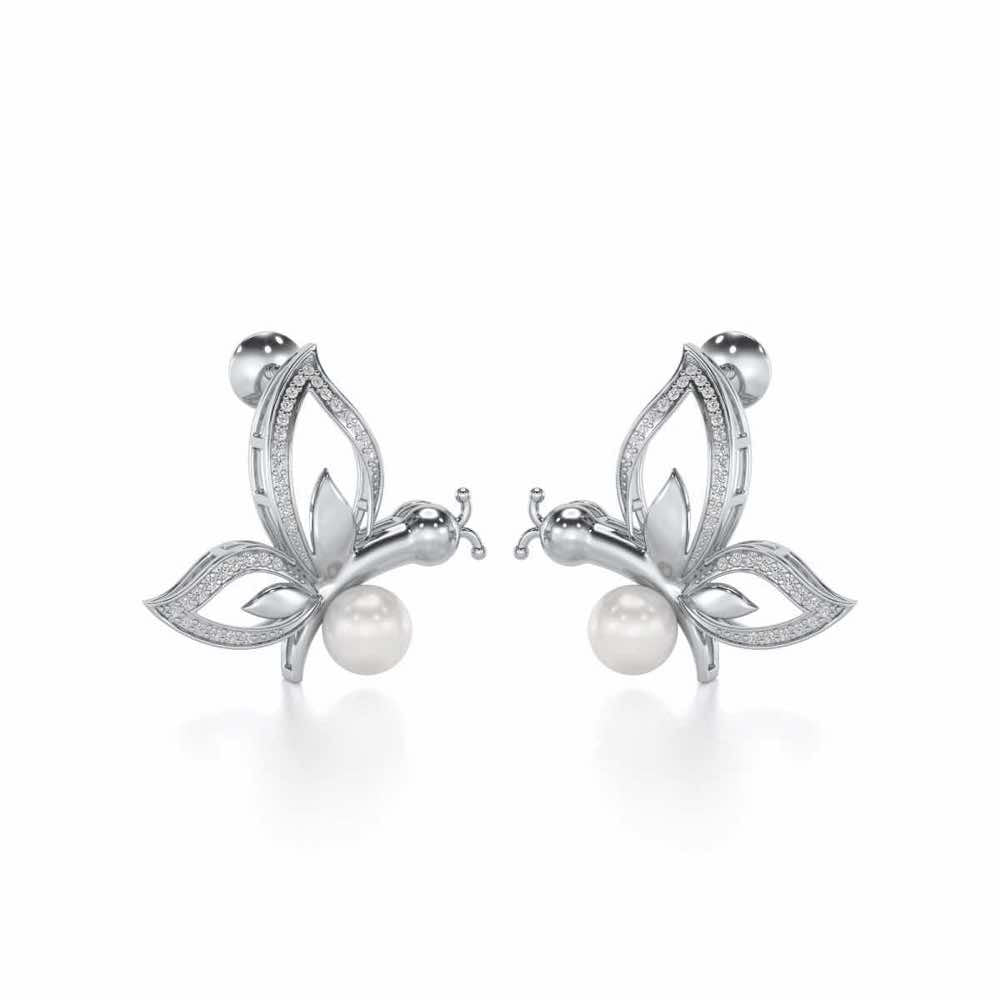 Winged Silver Pearl Earrings - White Gold - Image 1