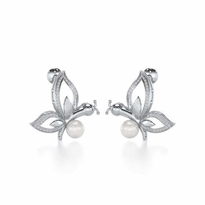 Winged Silver Pearl Earrings - White Gold - Image 1