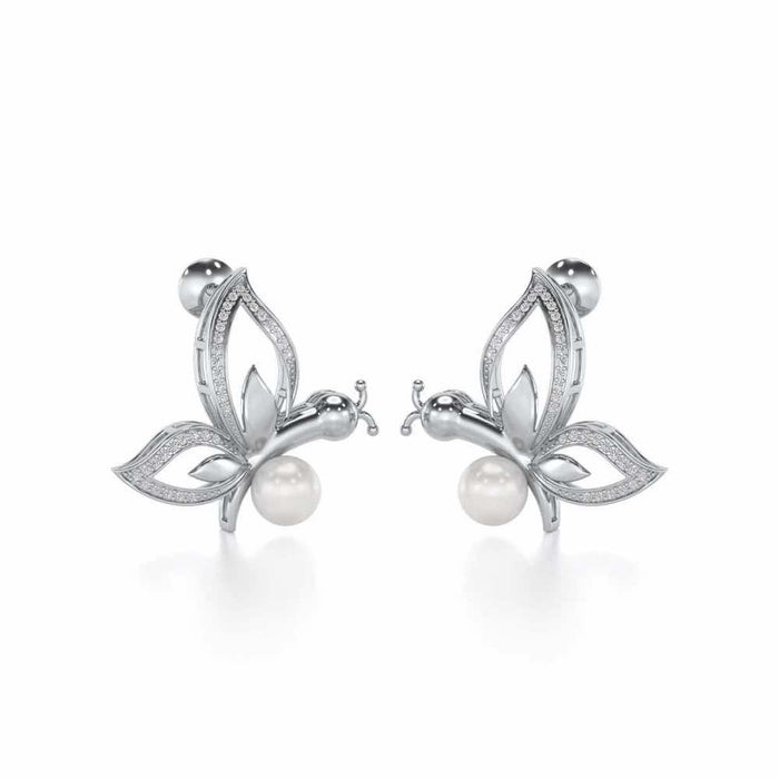 Winged Silver Pearl Earrings - White Gold - Image 1