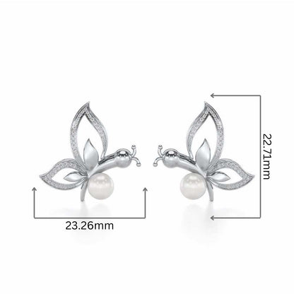 Winged Silver Pearl Earrings - White Gold - Image 2
