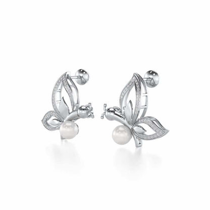Winged Silver Pearl Earrings - White Gold - Image 3