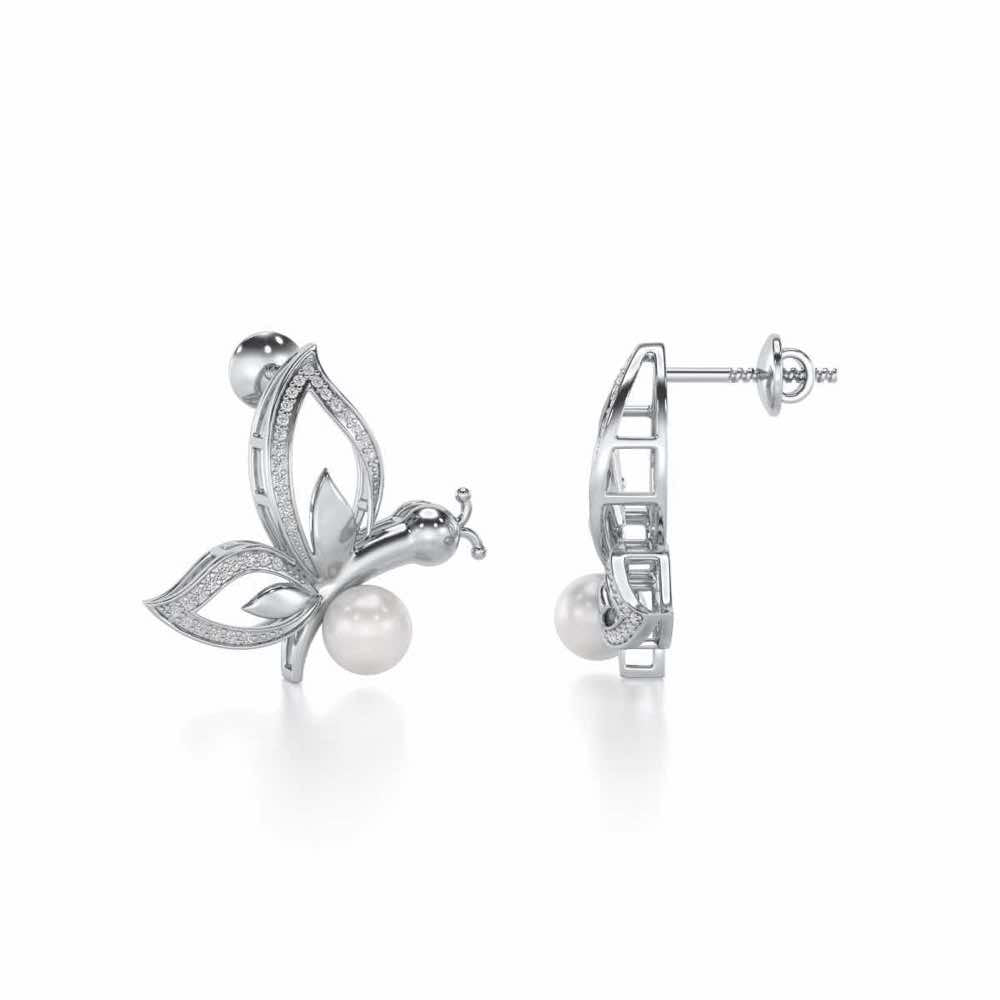 Winged Silver Pearl Earrings - White Gold - Image 4