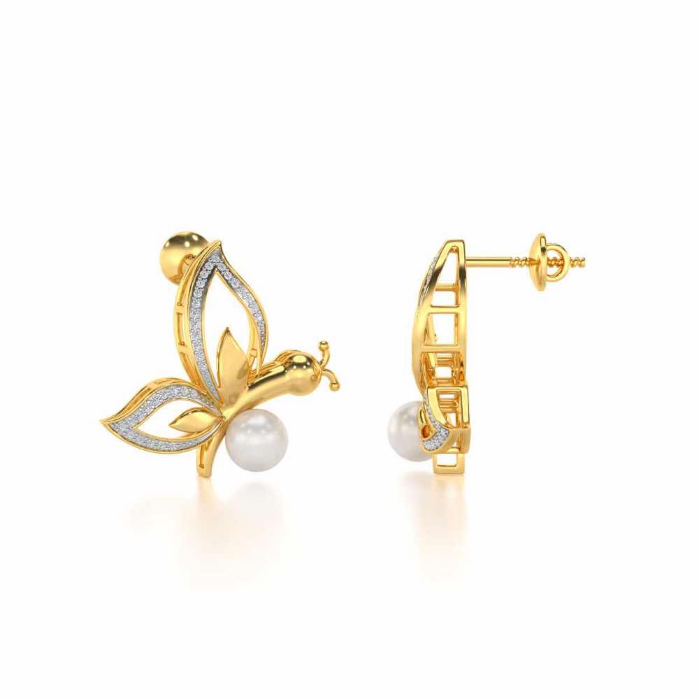 Winged Silver Pearl Earrings - Yellow Gold - Image 4