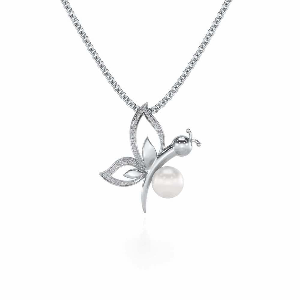 Winged Silver Pearl Pendant - White Gold - Image 2