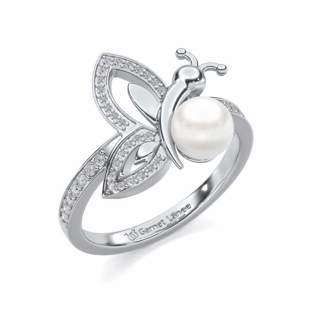 Winged Silver Pearl Ring - White Gold - Image 1