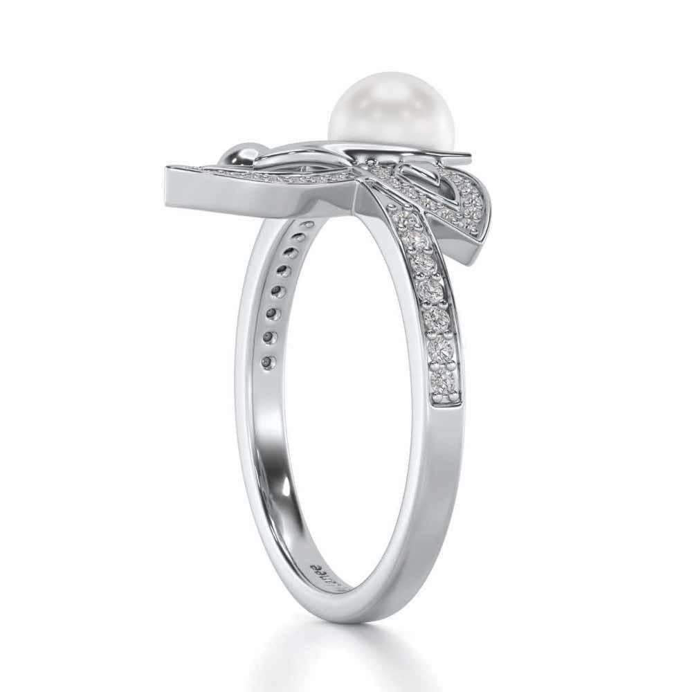 Winged Silver Pearl Ring - White Gold - Image 3