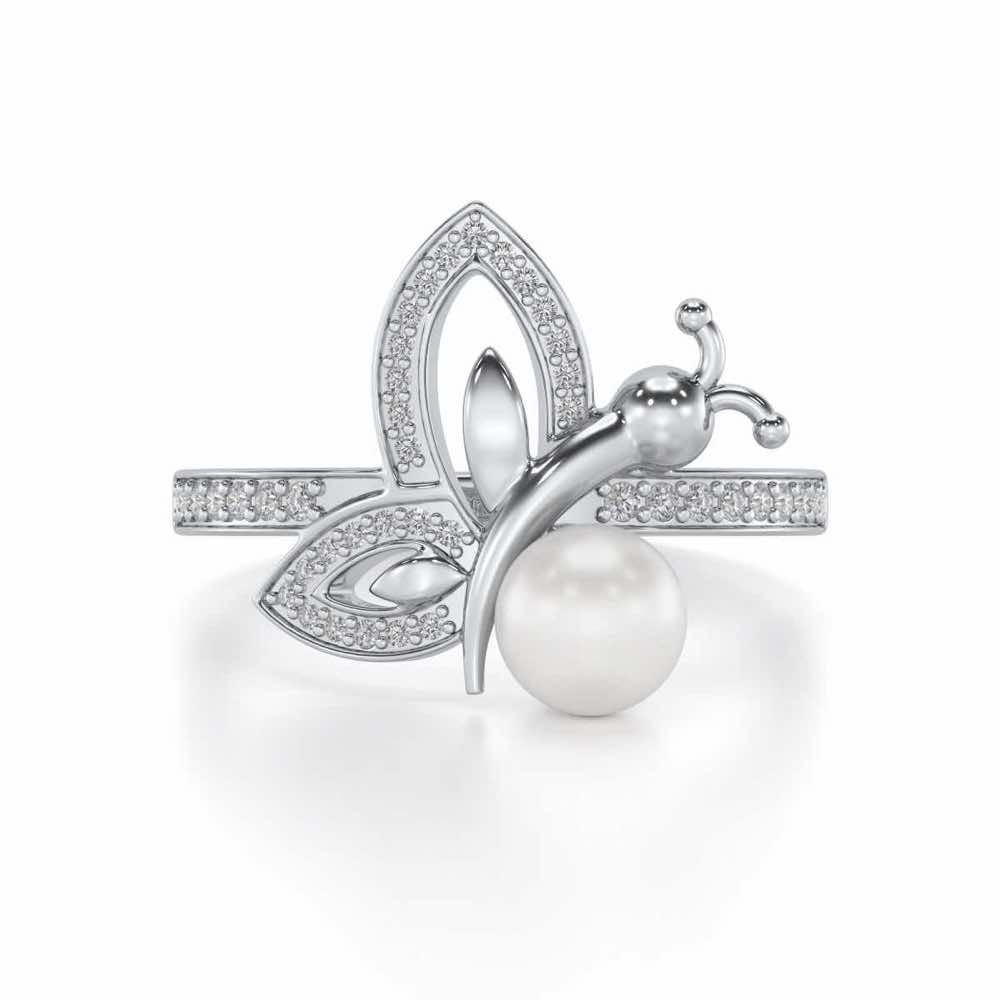 Winged Silver Pearl Ring - White Gold - Image 4
