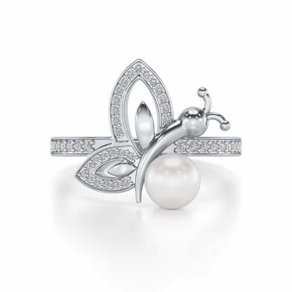 Winged Silver Pearl Ring - White Gold - Image 4