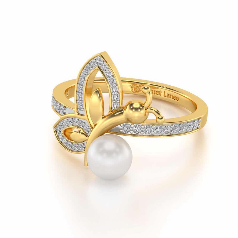 Winged Silver Pearl Ring - Yellow Gold - Image 2