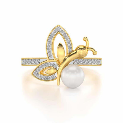 Winged Silver Pearl Ring - Yellow Gold - Image 4