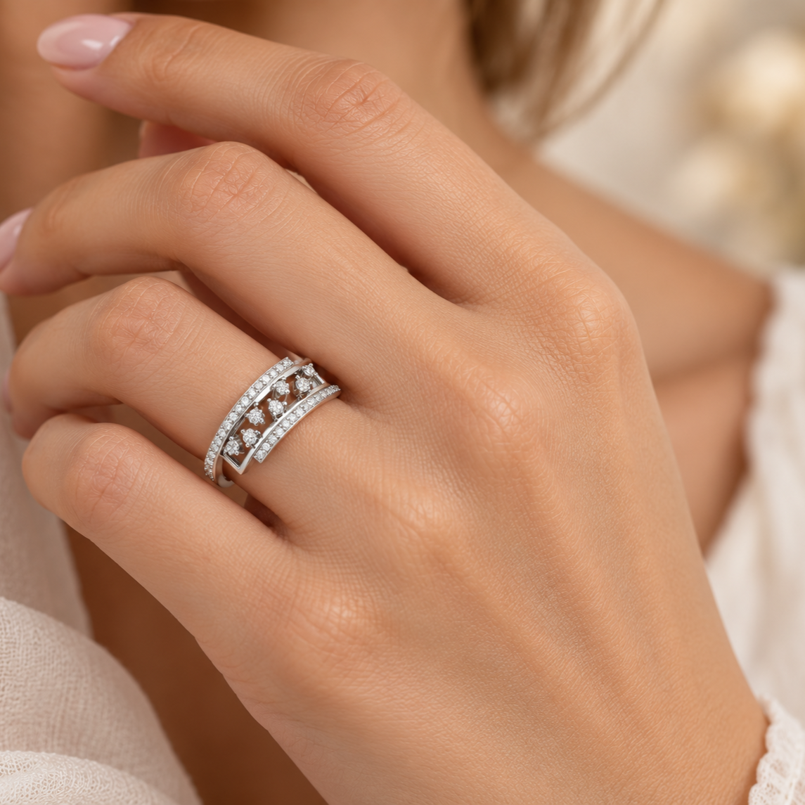 Accord Silver Band Ring, White Gold, worn on hand, square crop