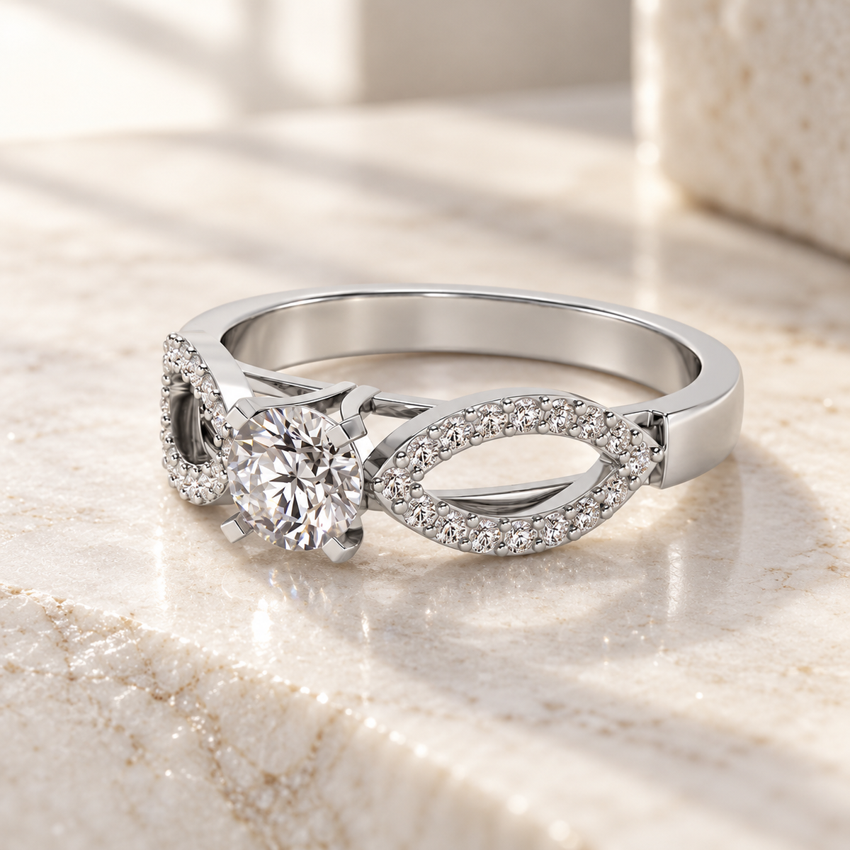 Angel Solitaire Silver Ring — White Gold aesthetic view, square 1:1, naturally resting