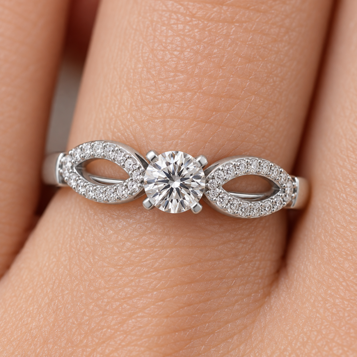 Angel Solitaire Silver Ring — White Gold model-worn view, square 1:1