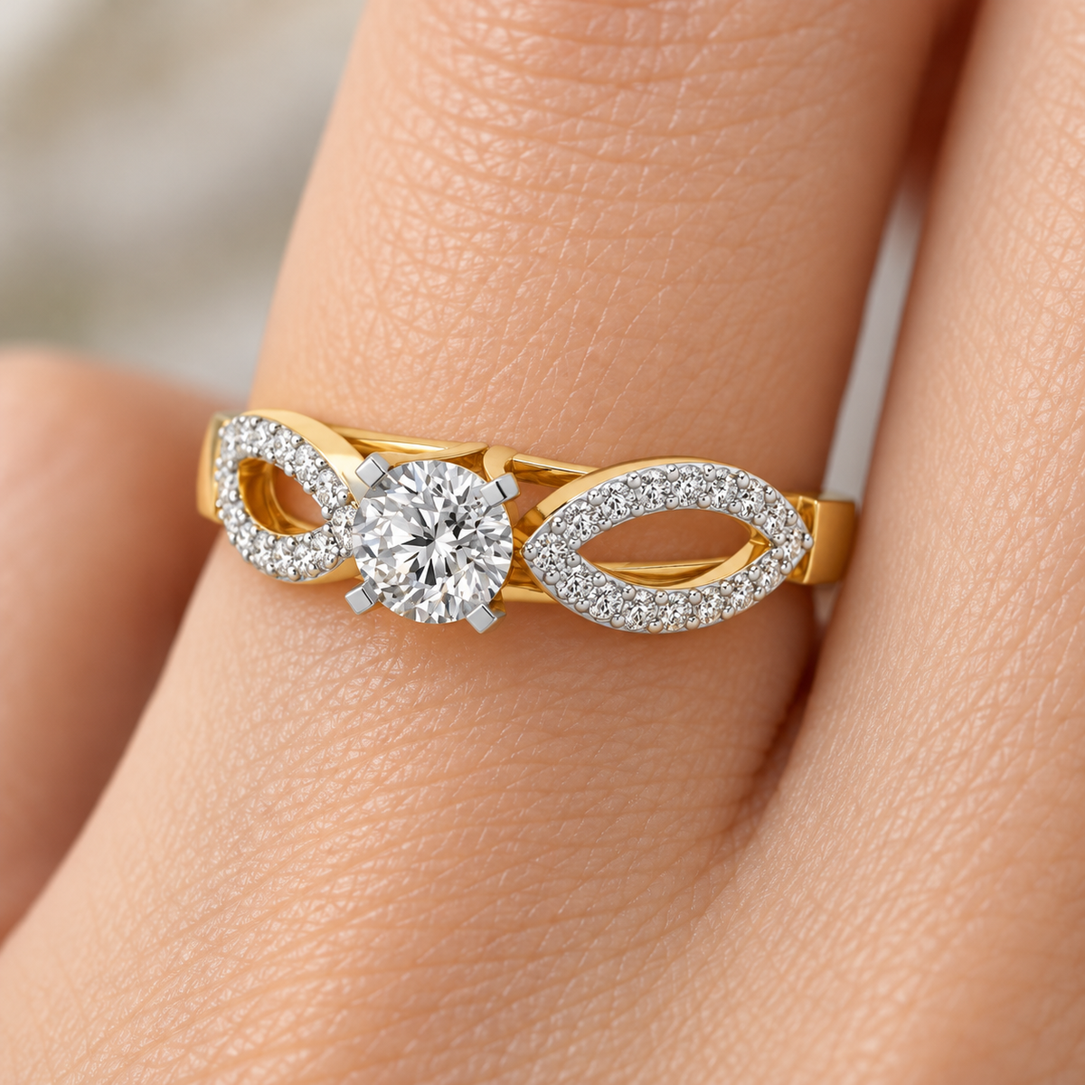 Angel Solitaire Silver Ring — Yellow Gold model-worn view, square 1:1