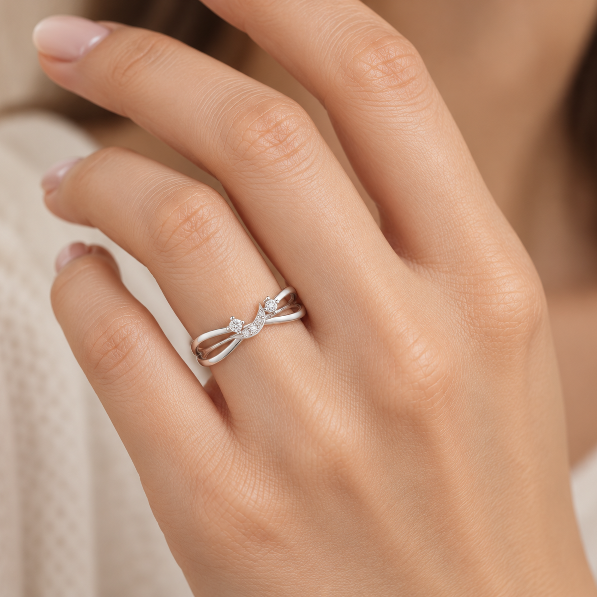 Angelic Aura Silver Ring, White Gold, square worn-on-hand view