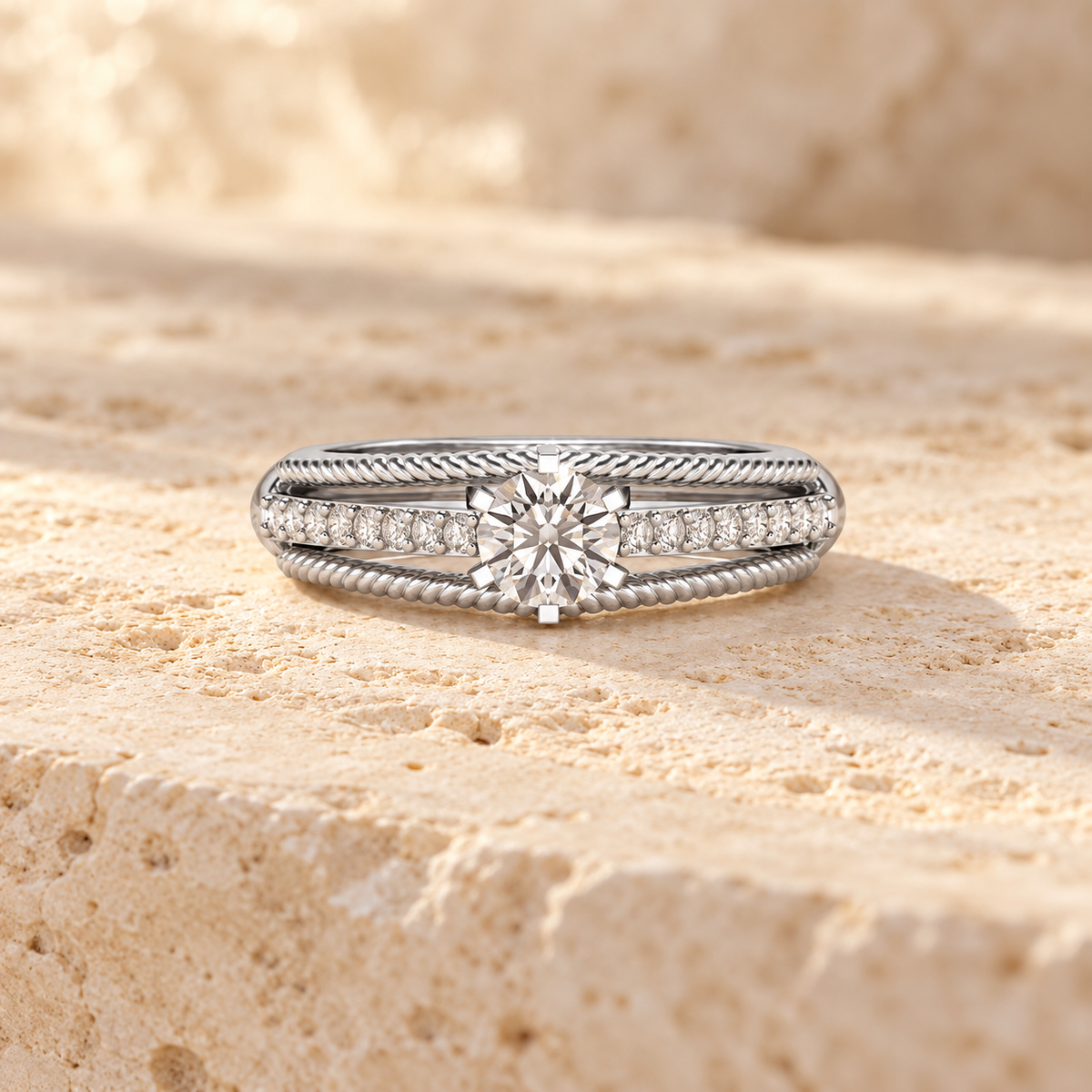 Antique cae Solitaire Silver Ring in white gold, square aesthetic image