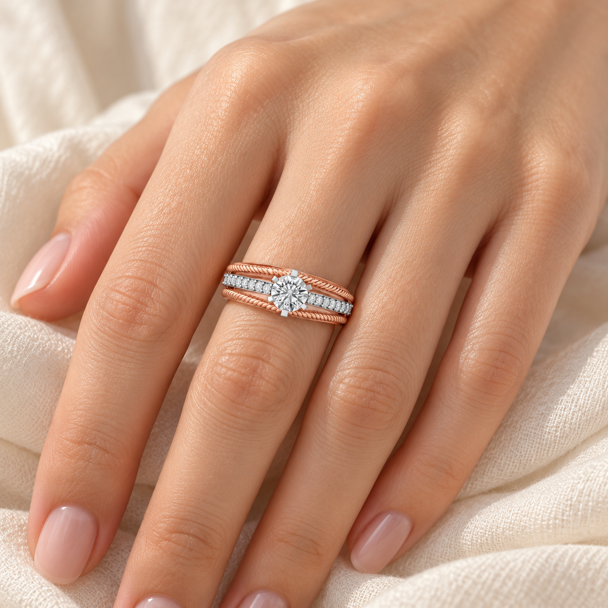Antique cae Solitaire Silver Ring worn in rose gold, square model image