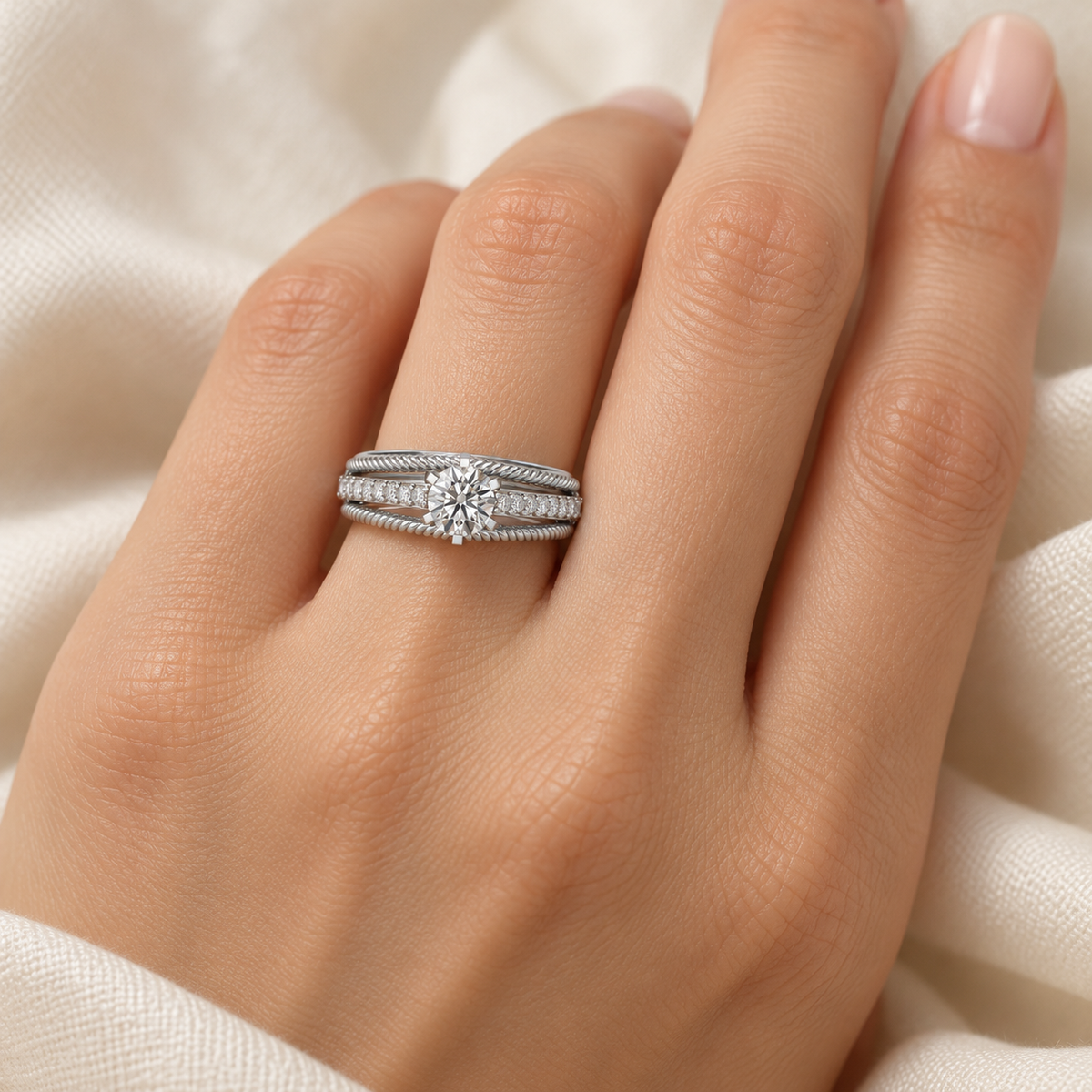 Antique cae Solitaire Silver Ring worn in white gold, square model image