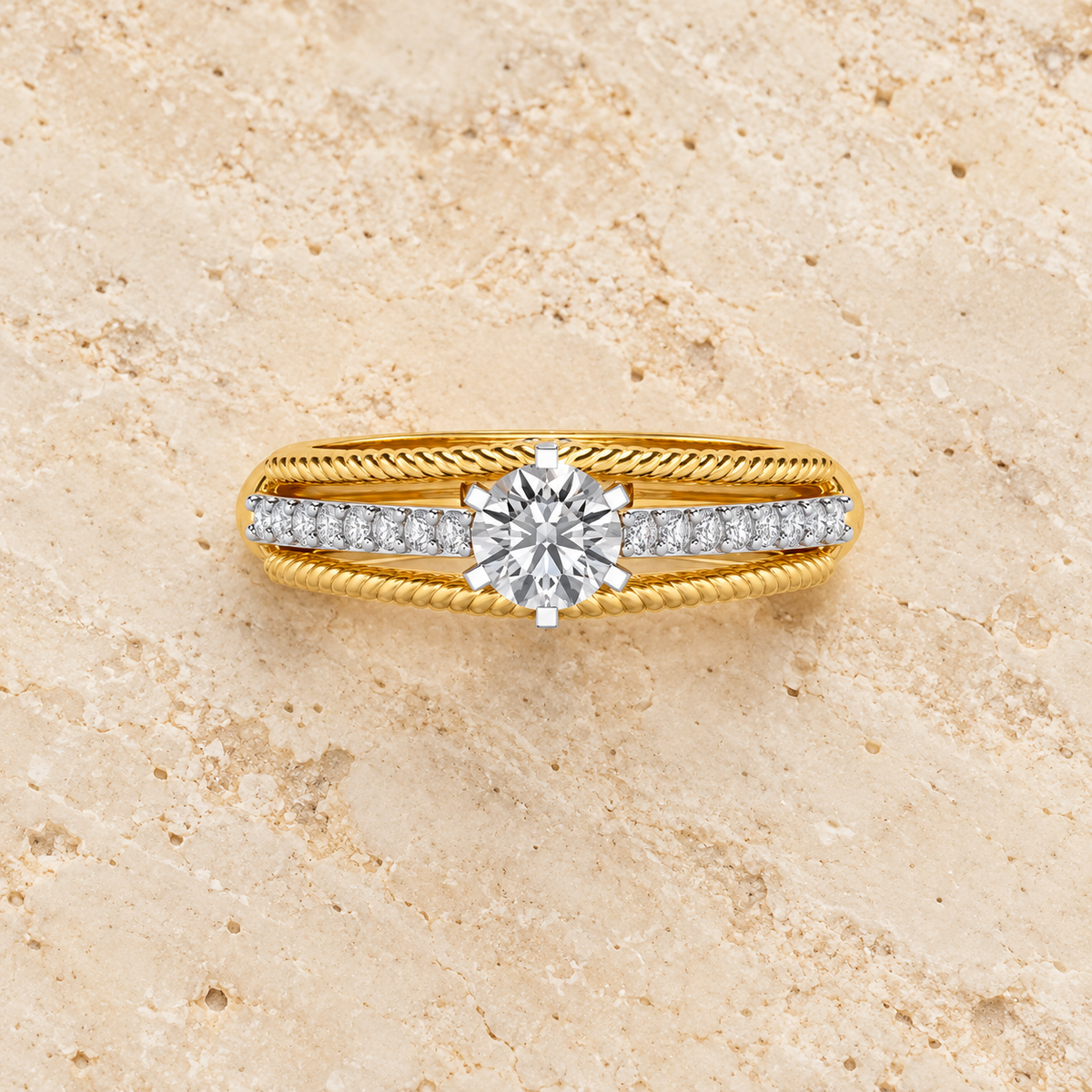 Antique cae Solitaire Silver Ring in yellow gold, square aesthetic image