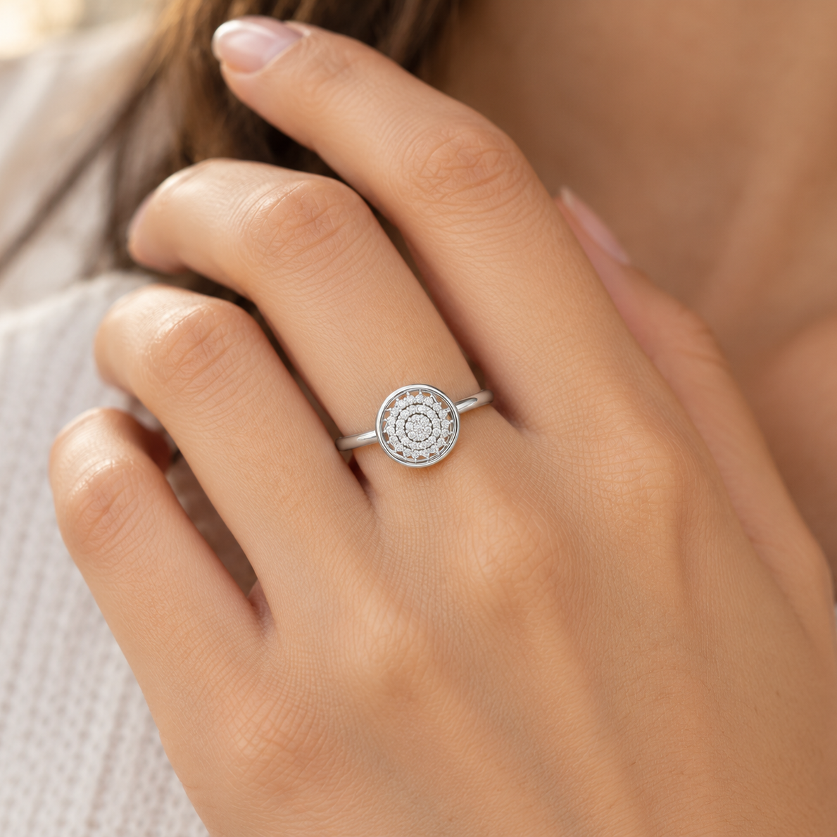 Aquila Silver Ring, square white gold model-worn view