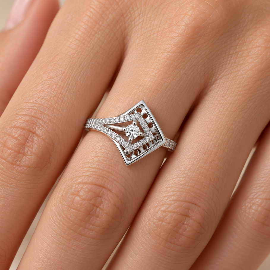 Arrow Eye Silver Ring, square model-worn view