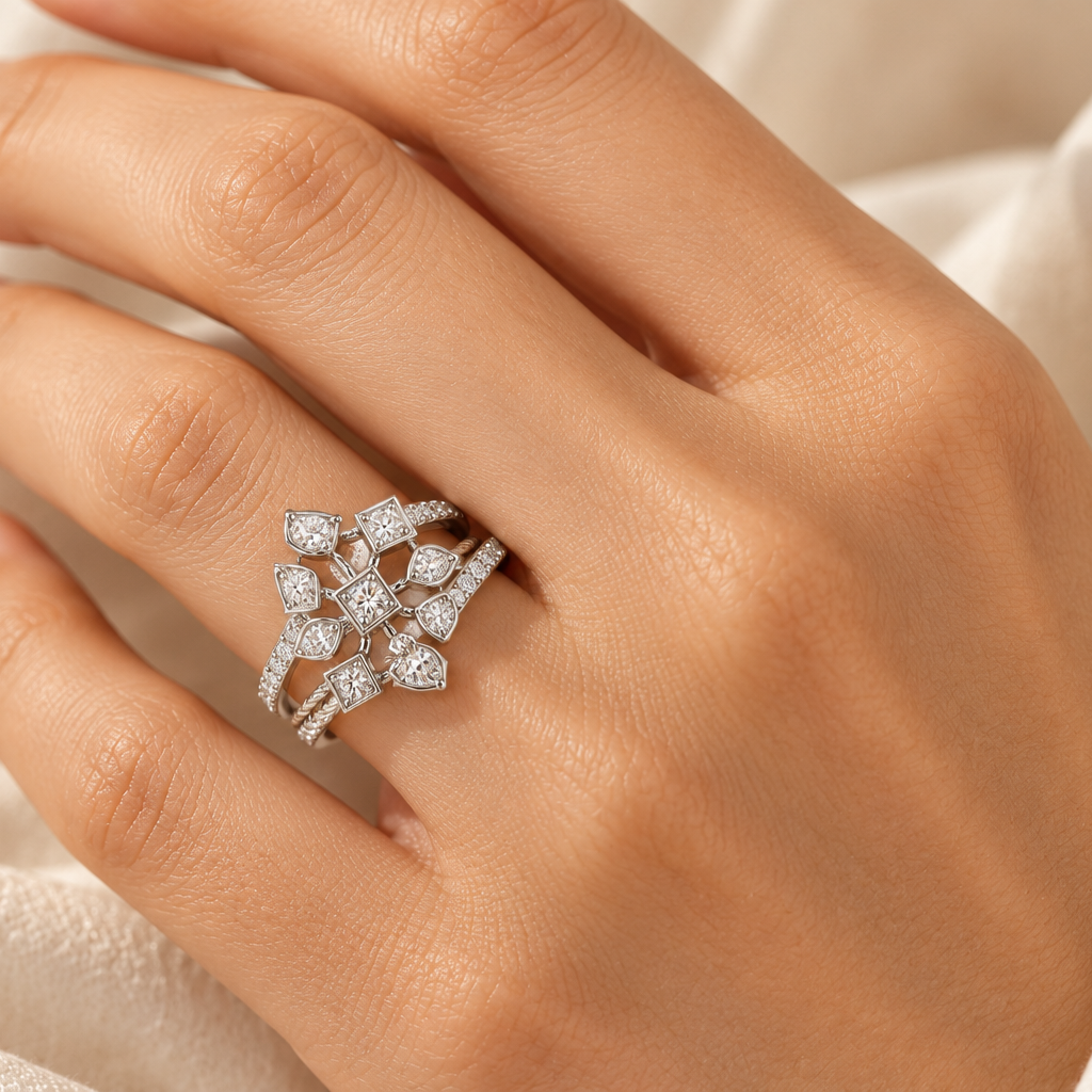 Blessed Shine Silver Ring, square model-worn view
