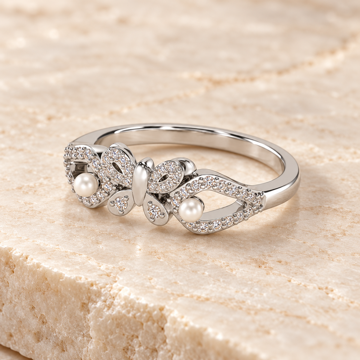 Blissfly Silver Pearl Ring resting on ivory stone