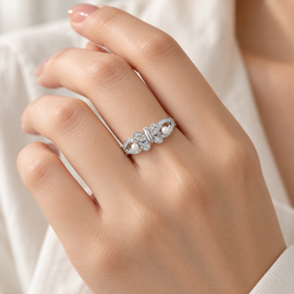 Blissfly Silver Pearl Ring, square model-worn view