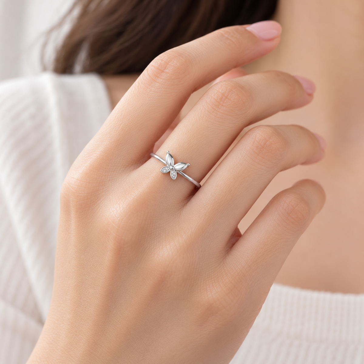Blossoming Charm Silver Ring - Model Worn