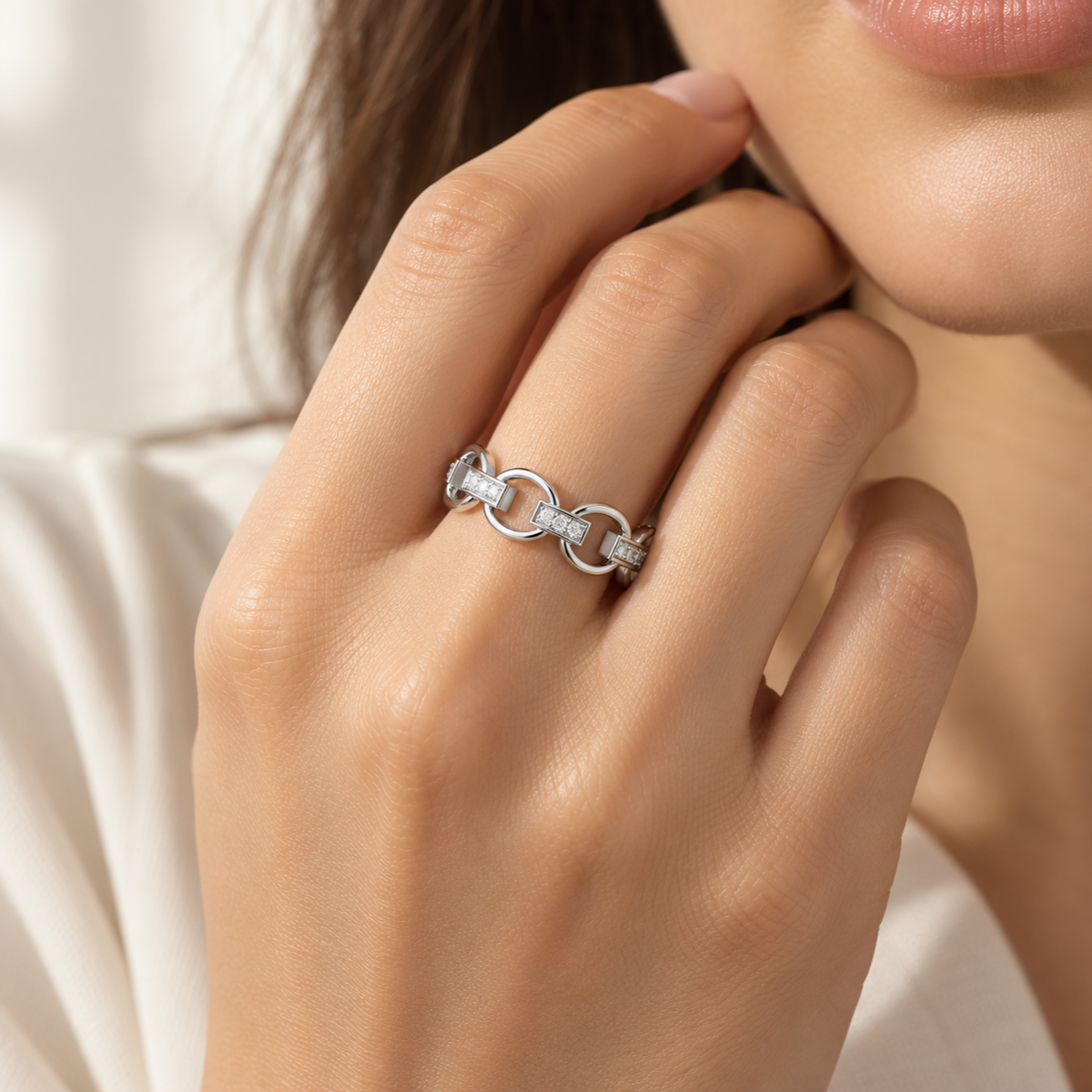 Bound Glow Silver Ring, square model-worn view