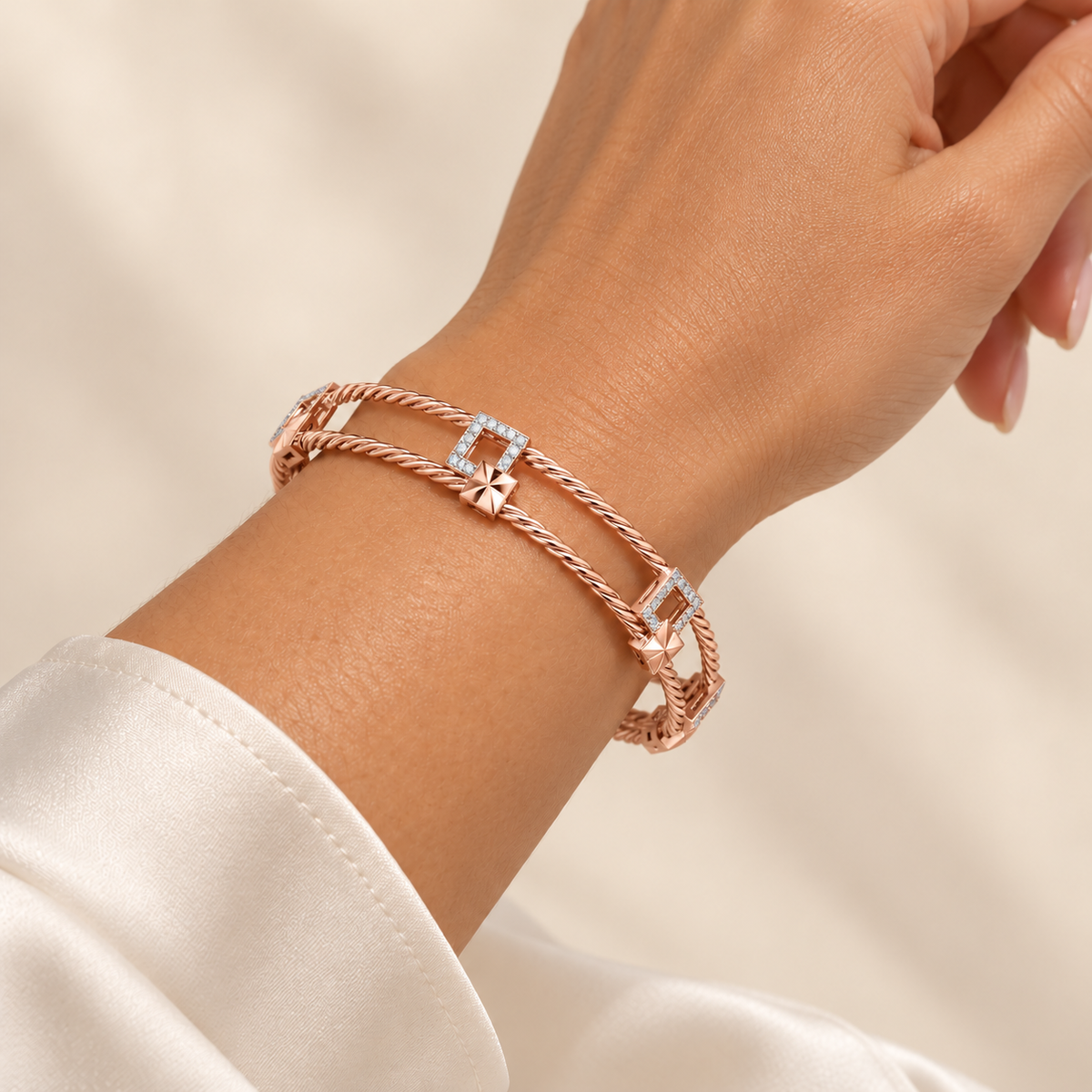 Box On Box Silver Bangles - Rose Gold - Model