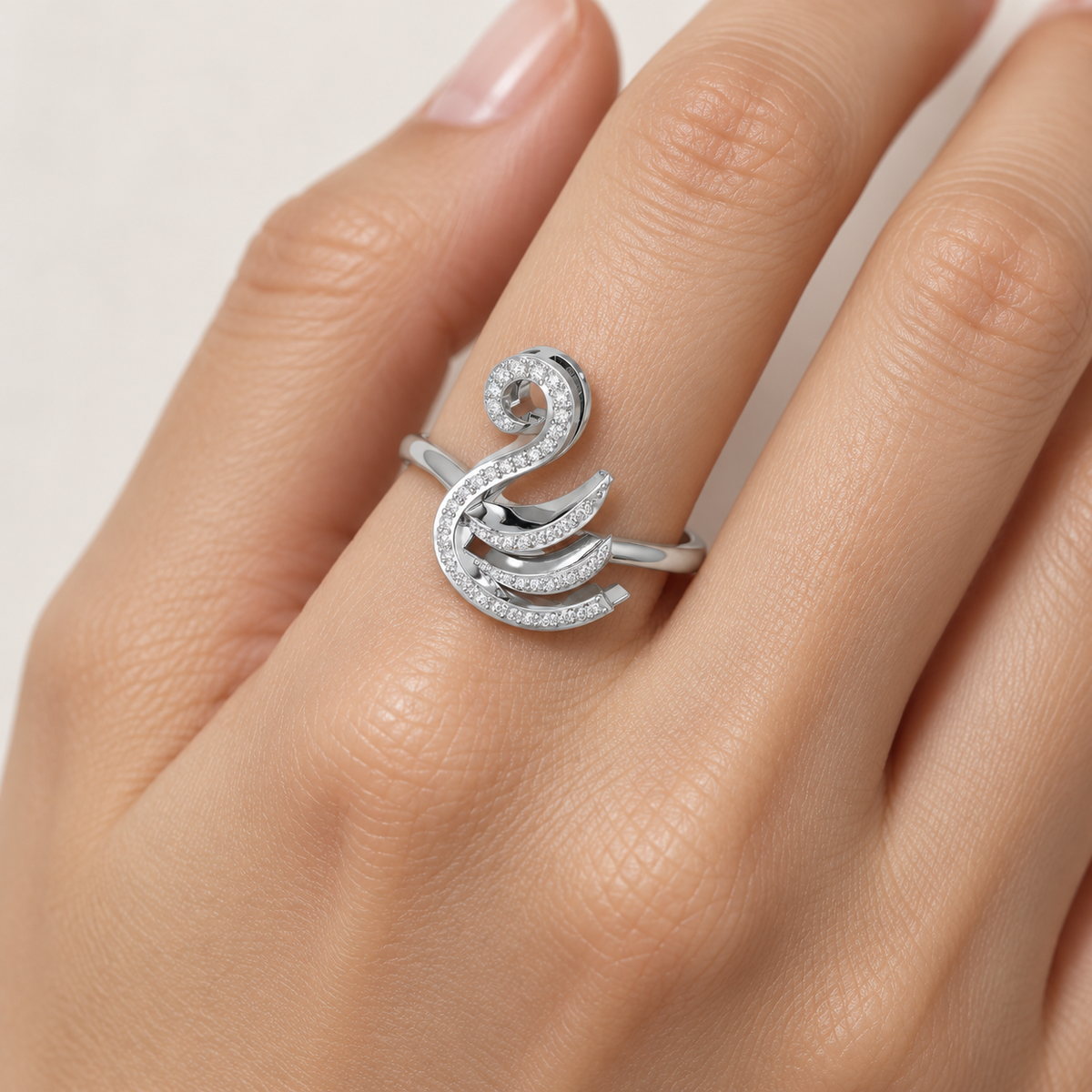 Celestial Swan Silver Ring worn on a hand, square model image
