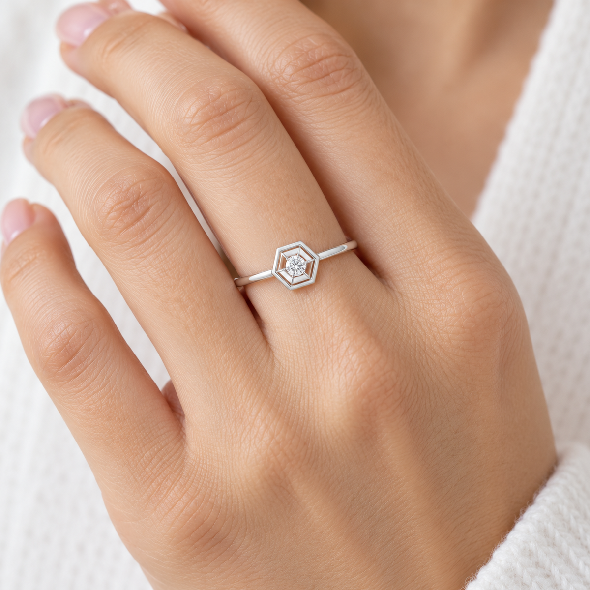 Classic Elegance Silver Ring, square model-worn view