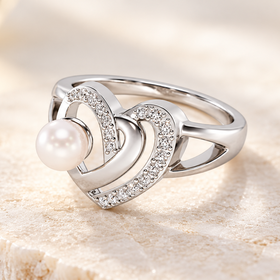 Cosmo-Heart Silver Pearl Ring, square aesthetic view