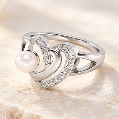 Cosmo-Heart Silver Pearl Ring, square aesthetic view
