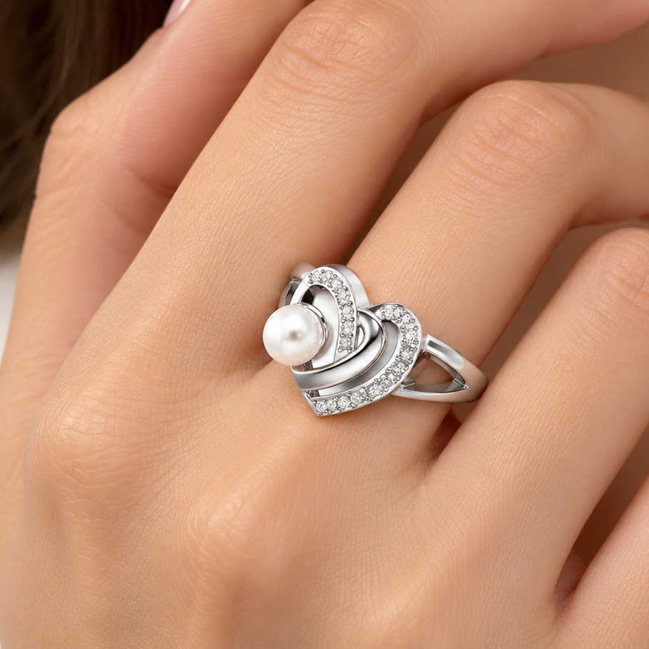 Cosmo-Heart Silver Pearl Ring, square model-worn view