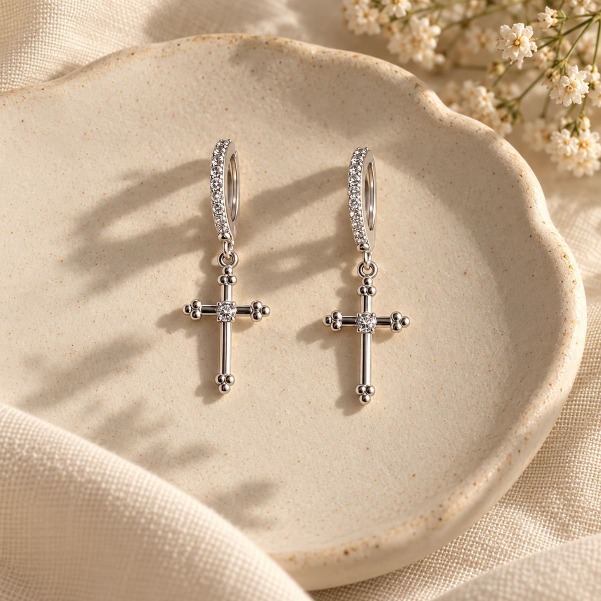 Cross of Serenity Earrings - White Gold - Aesthetic