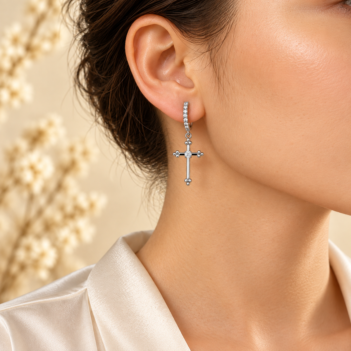 Cross of Serenity Earrings - White Gold - Model