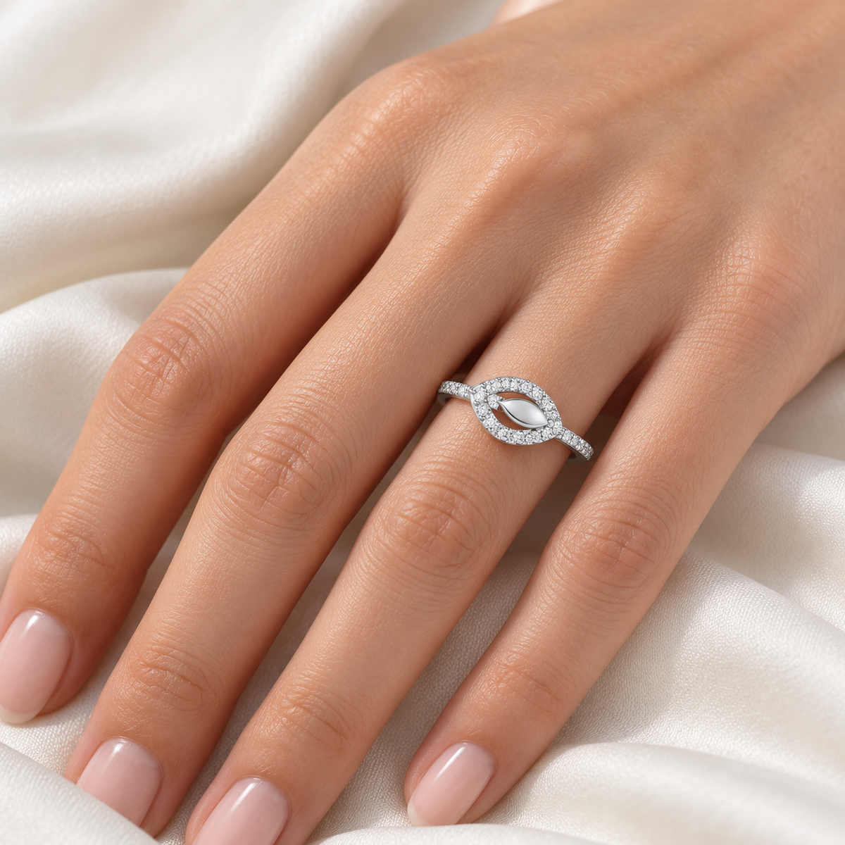 Dainty Leaf Silver Ring white gold worn