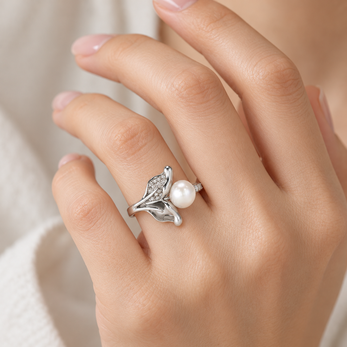 Chlorophyll Silver Pearl Ring — model-worn view