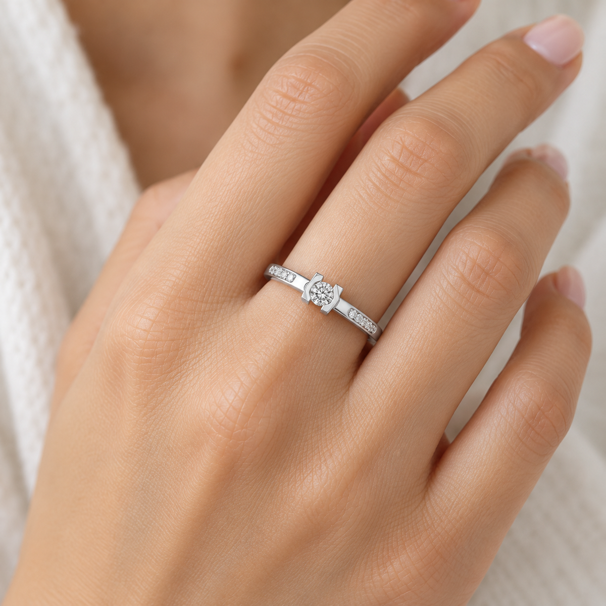 Blissed Solitaire Silver Ring - White Gold - Model square image