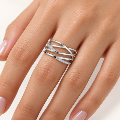 Criss-Cross Silver Ring square model-worn