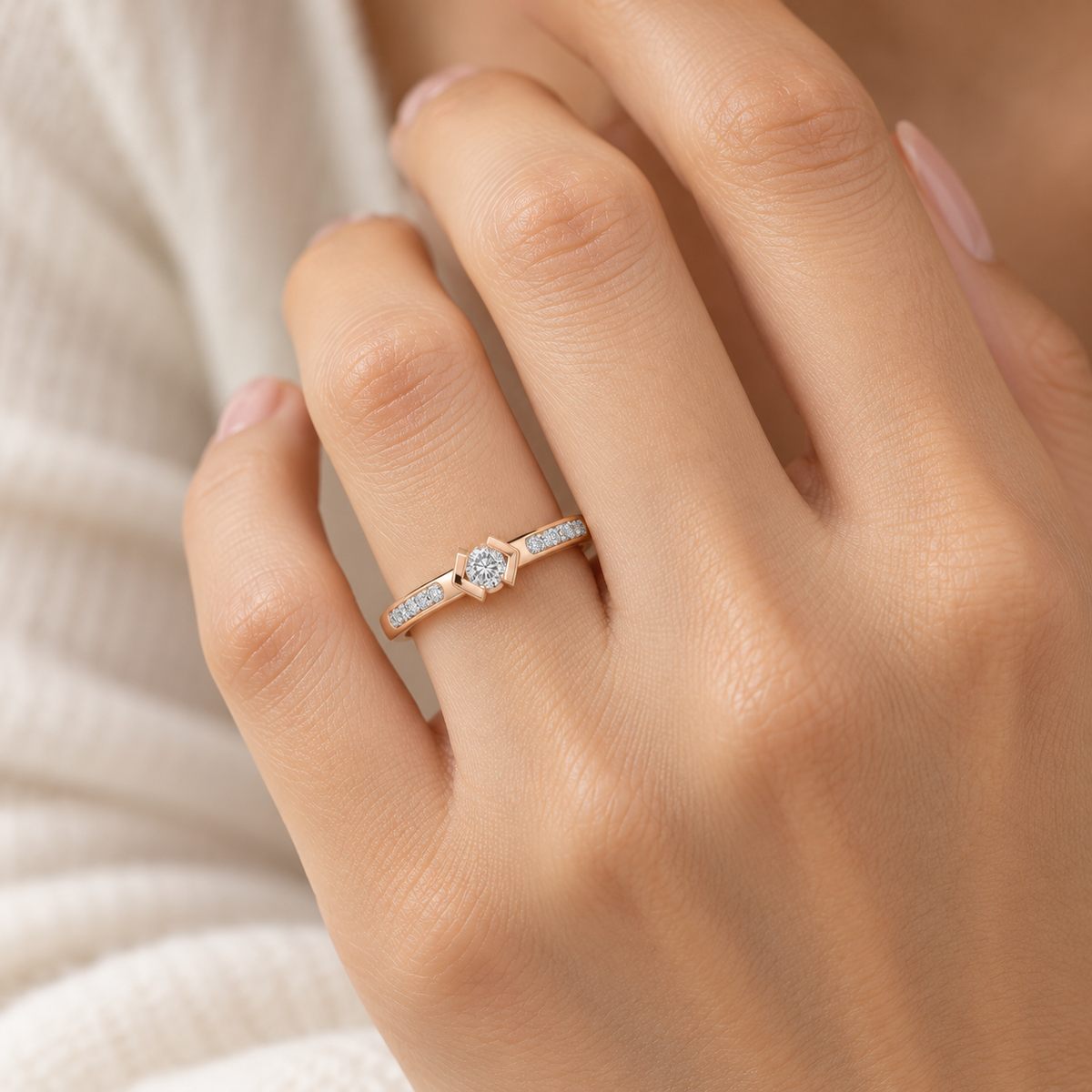 Blissed Solitaire Silver Ring - Rose Gold - Model square image