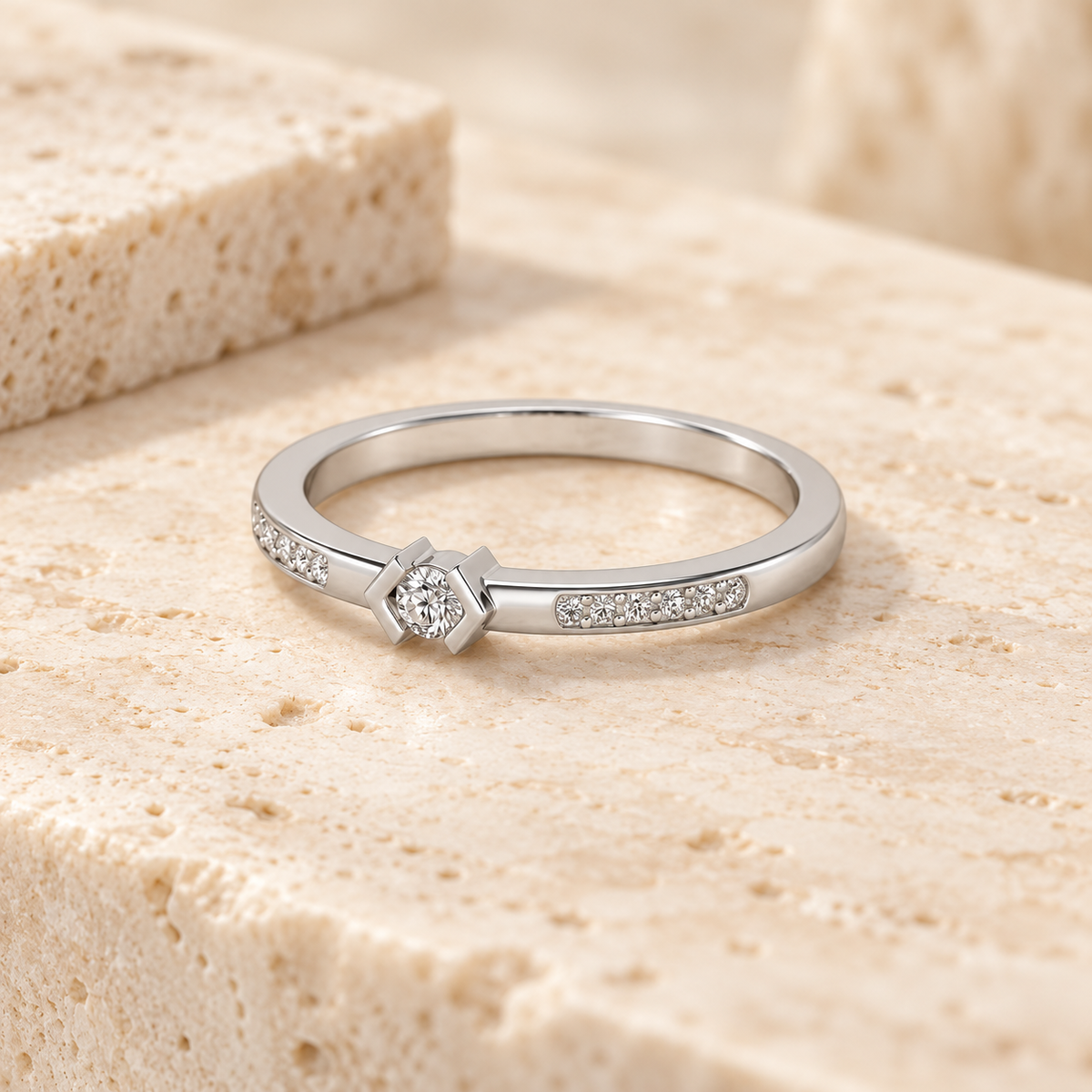 Blissed Solitaire Silver Ring - White Gold - Aesthetic square image